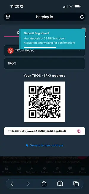 TRX deposit registered